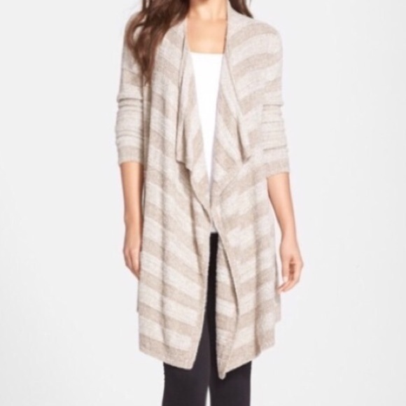 BAREFOOT Dreams Cozychic Lite Calypso Wrap Drape Front Cardigan Tan Striped - Picture 1 of 9